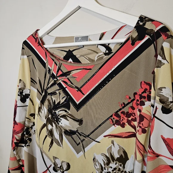 JM Collection Floral Geometric Print Top V Shape Blouse Tunic Casual Plus Size - Picture 2 of 12
